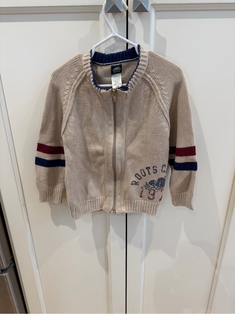 Roots 2t Kids Beige Zip-Up Knit Sweater with Navy & Burgundy Stripes